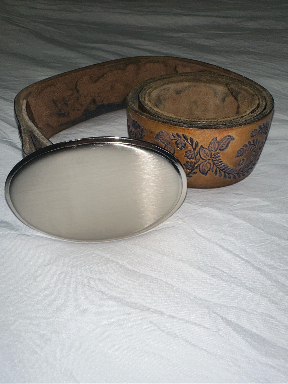 Vintage Hand-Tooled Western Leather Belt with Stainless Oval Trophy Buckle - 36”